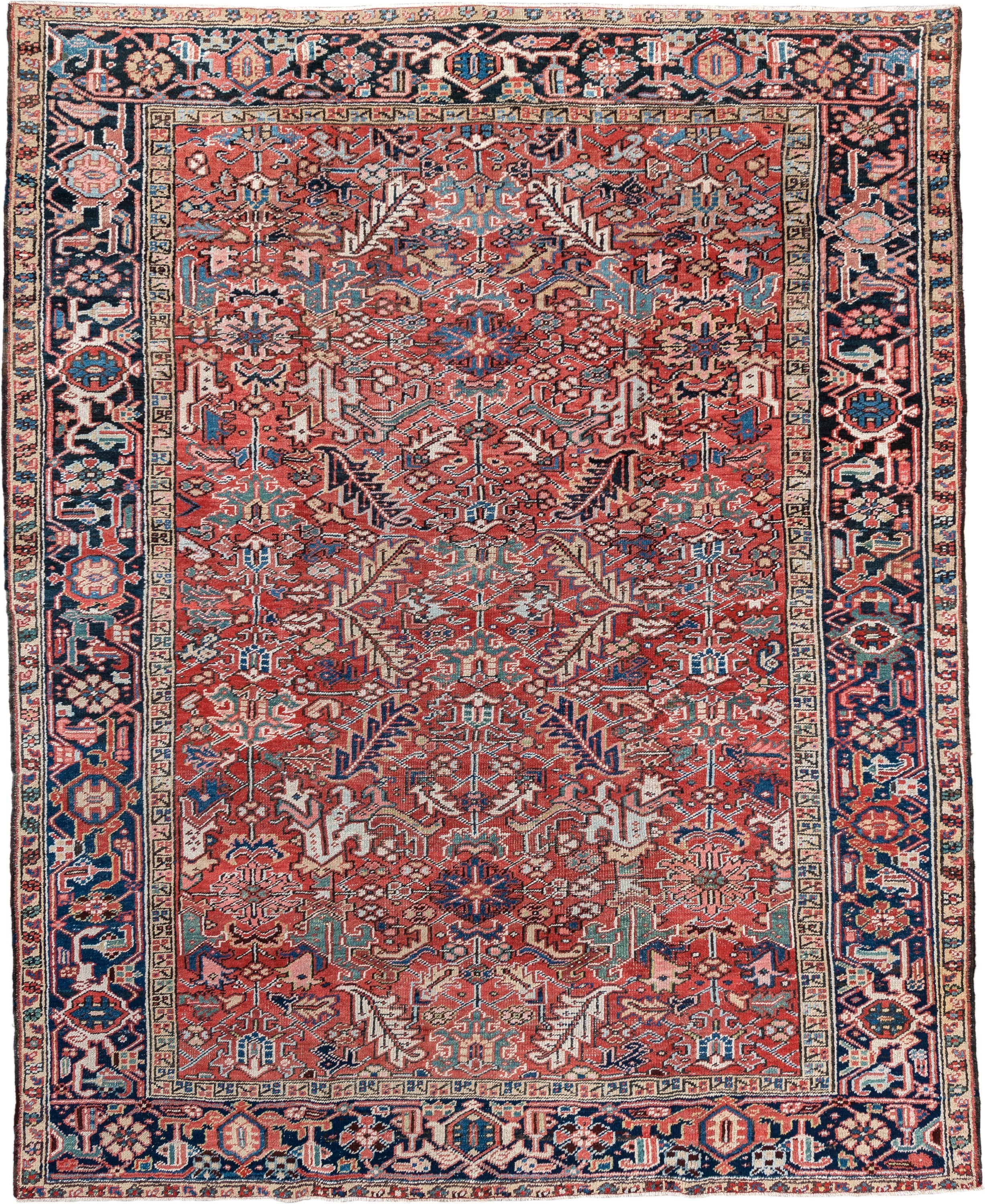 7' x 9' one-of-a-kind handmade vintage Heriz rug. Color palette: terracotta, navy, ivory, sky blue, slate blue, coral, camel