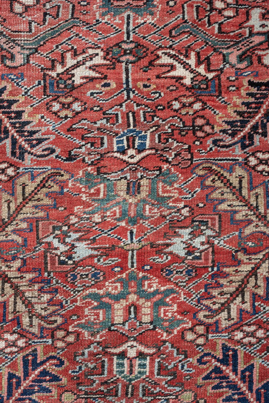 7' x 9' one-of-a-kind handmade vintage Heriz rug. Color palette: terracotta, navy, ivory, sky blue, slate blue, coral, camel