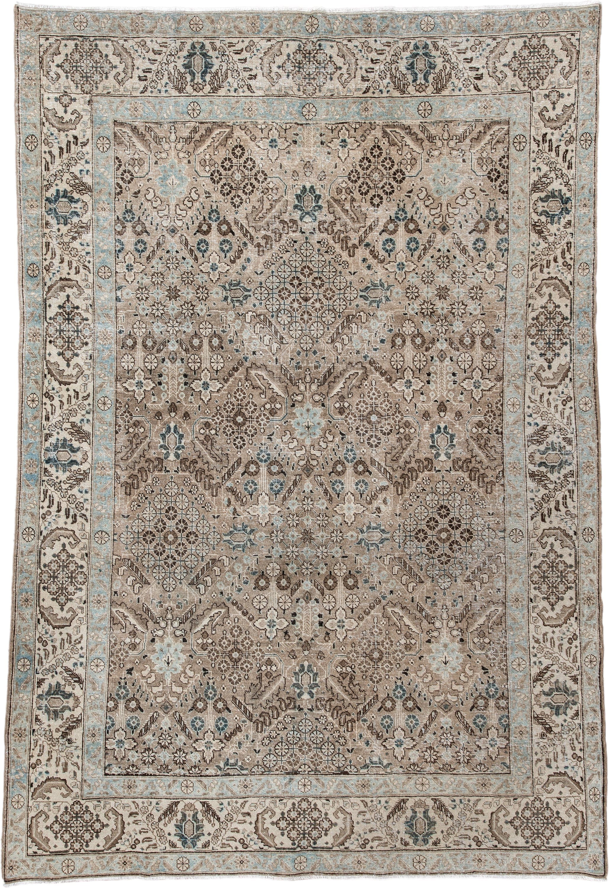 6' x 9' one-of-a-kind handmade antique Tabriz medium size rug. Color palette: taupe, ivory, pale blue, brown, beige, slate