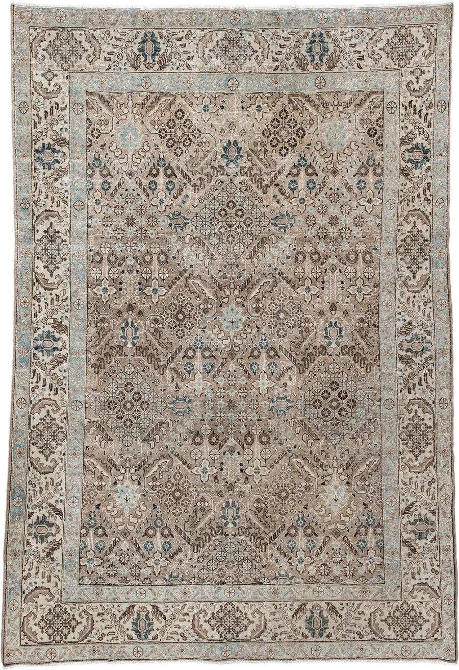 6' x 9' one-of-a-kind handmade antique Tabriz medium size rug. Color palette: taupe, ivory, pale blue, brown, beige, slate