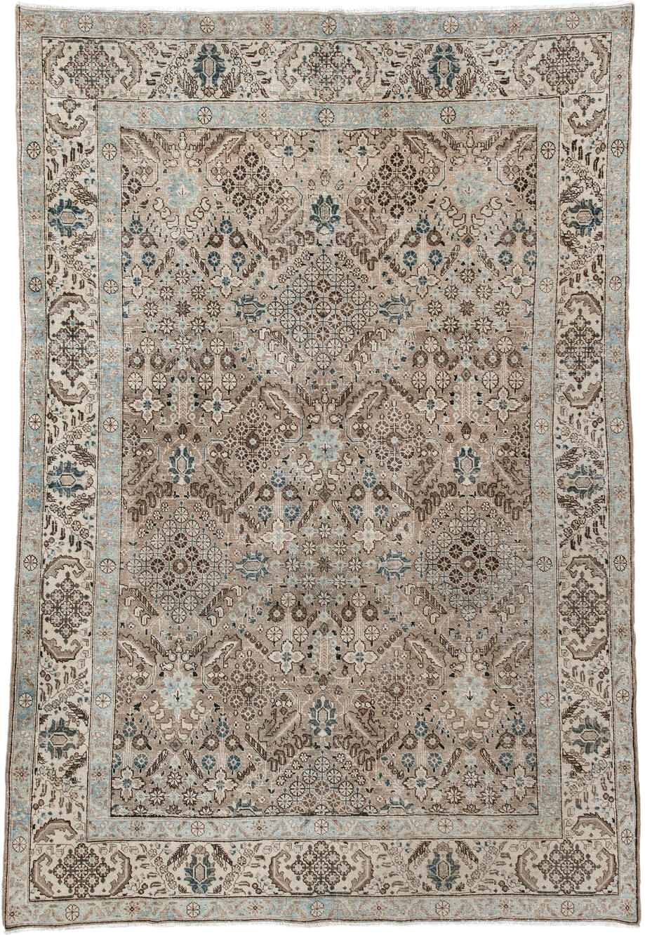 6' x 9' one-of-a-kind handmade antique Tabriz medium size rug. Color palette: taupe, ivory, pale blue, brown, beige, slate