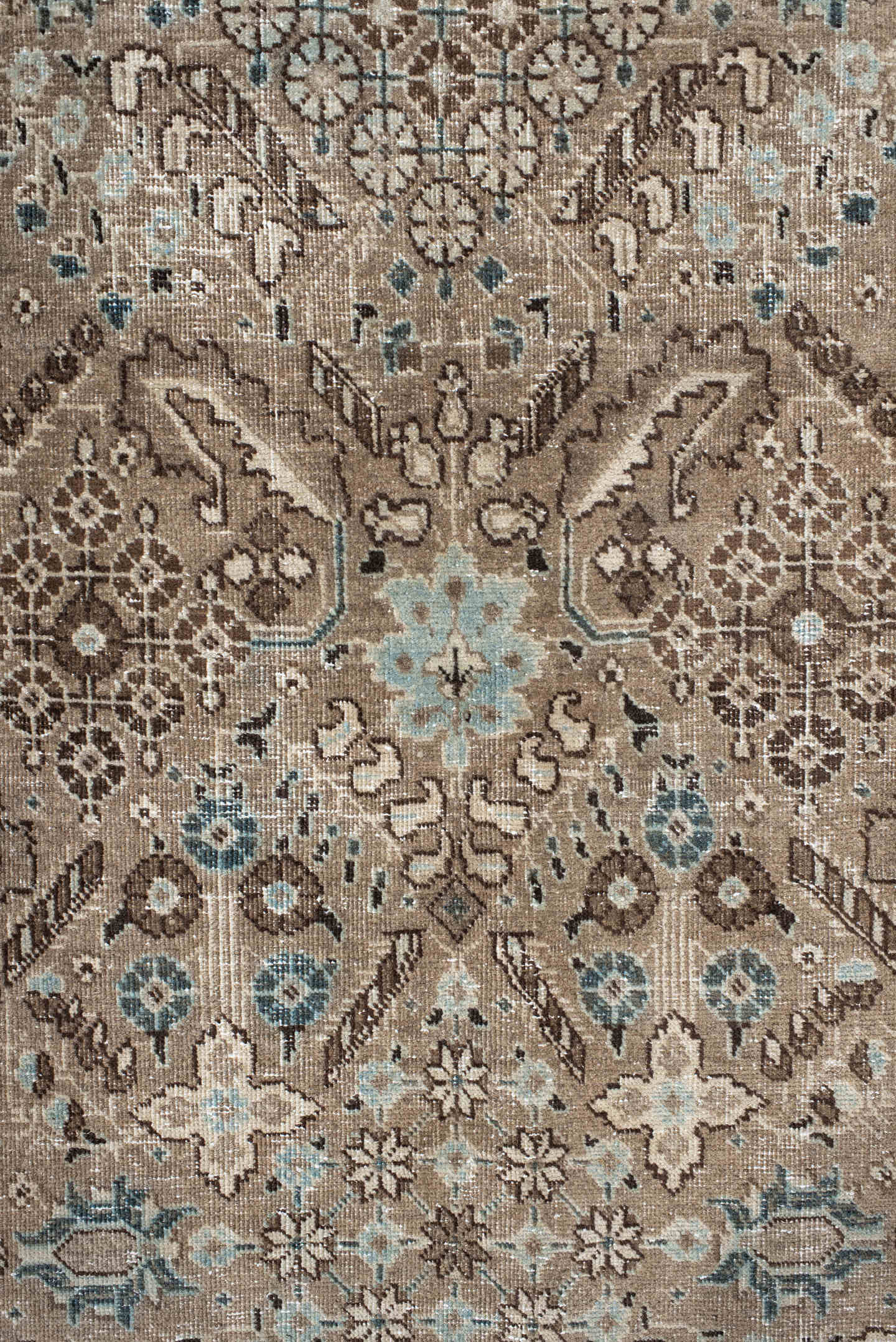 6' x 9' one-of-a-kind handmade antique Tabriz medium size rug. Color palette: taupe, ivory, pale blue, brown, beige, slate