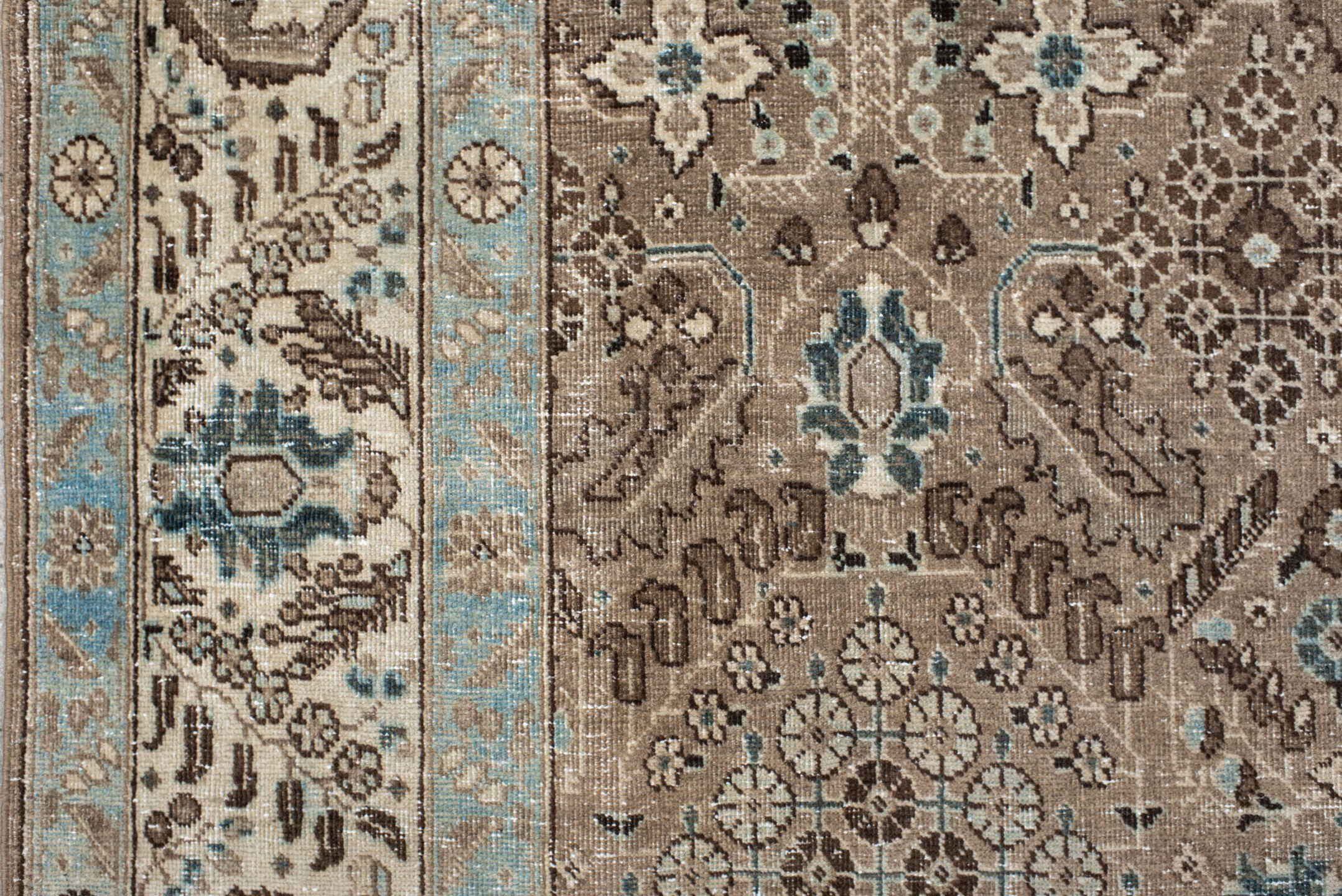 6' x 9' one-of-a-kind handmade antique Tabriz medium size rug. Color palette: taupe, ivory, pale blue, brown, beige, slate
