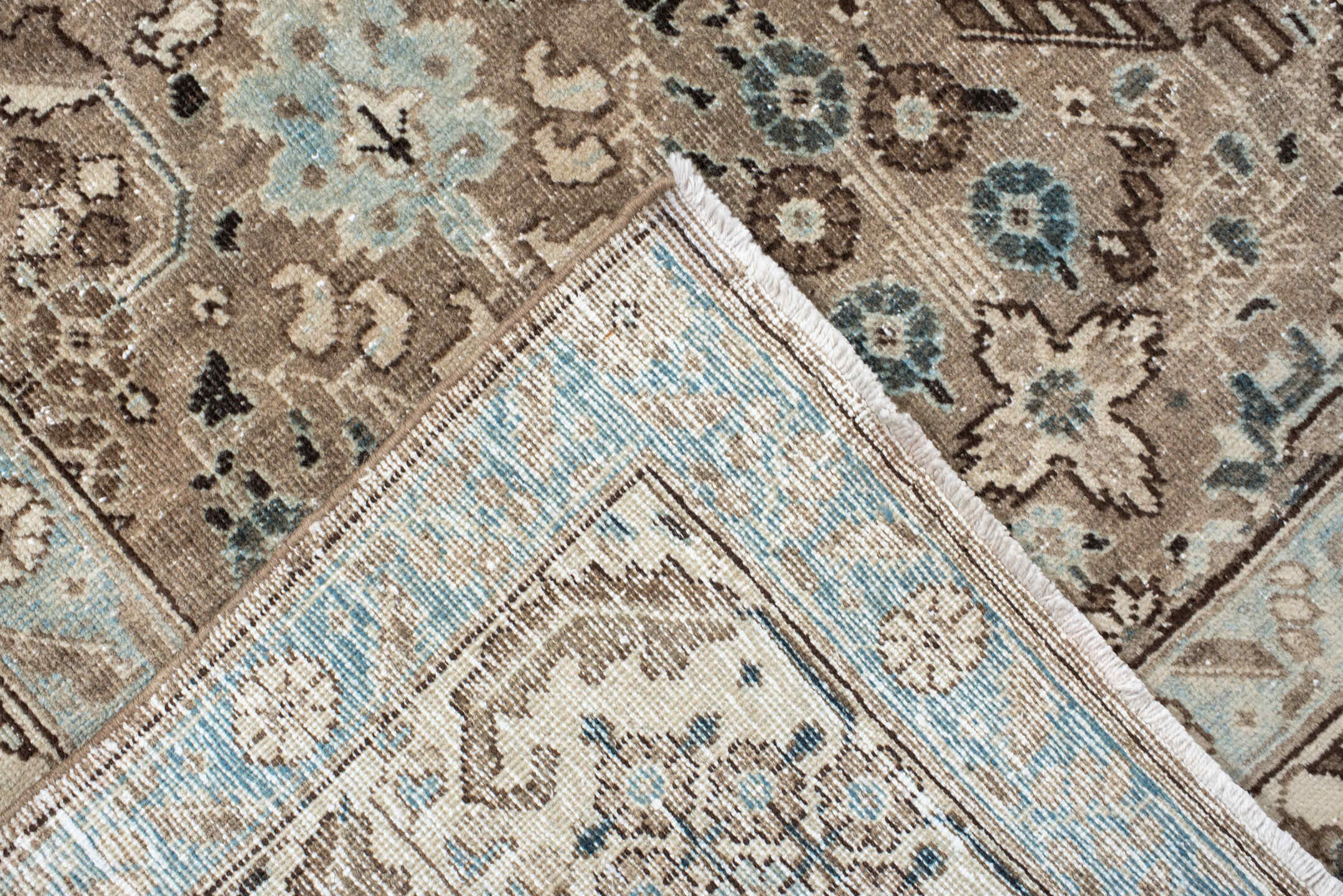 6' x 9' one-of-a-kind handmade antique Tabriz medium size rug. Color palette: taupe, ivory, pale blue, brown, beige, slate