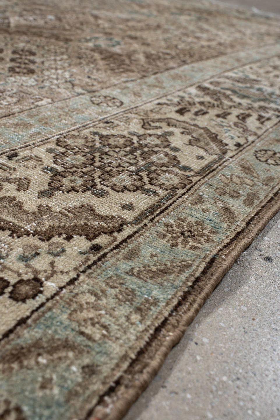 6' x 9' one-of-a-kind handmade antique Tabriz medium size rug. Color palette: taupe, ivory, pale blue, brown, beige, slate