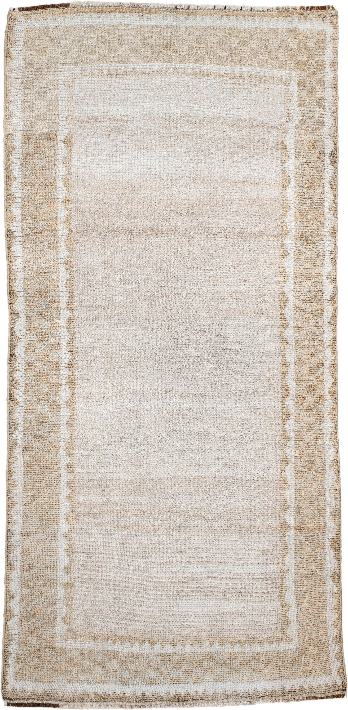 4' x 8' one-of-a-kind handmade antique Gabbe runner rug. Color palette: ivory, cream, beige, tan, camel