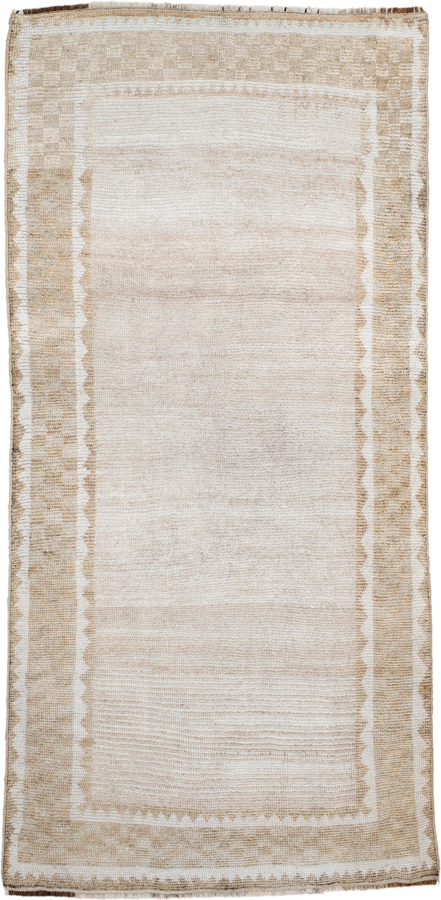 4' x 8' one-of-a-kind handmade antique Gabbe runner rug. Color palette: ivory, cream, beige, tan, camel