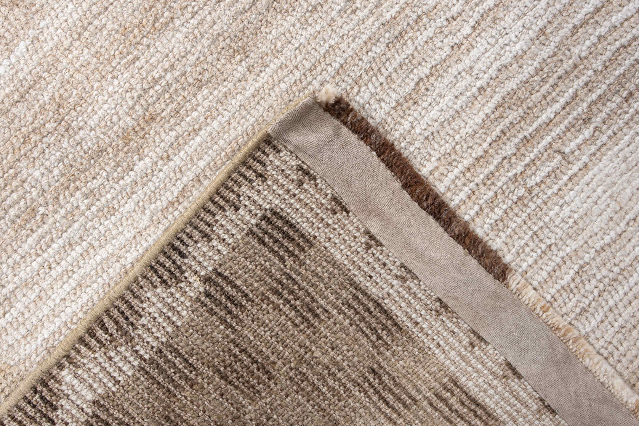 4' x 8' one-of-a-kind handmade vintage Gabbe runner rug. Color palette: brown, gainsboro, gray, light gray, off-white, pink