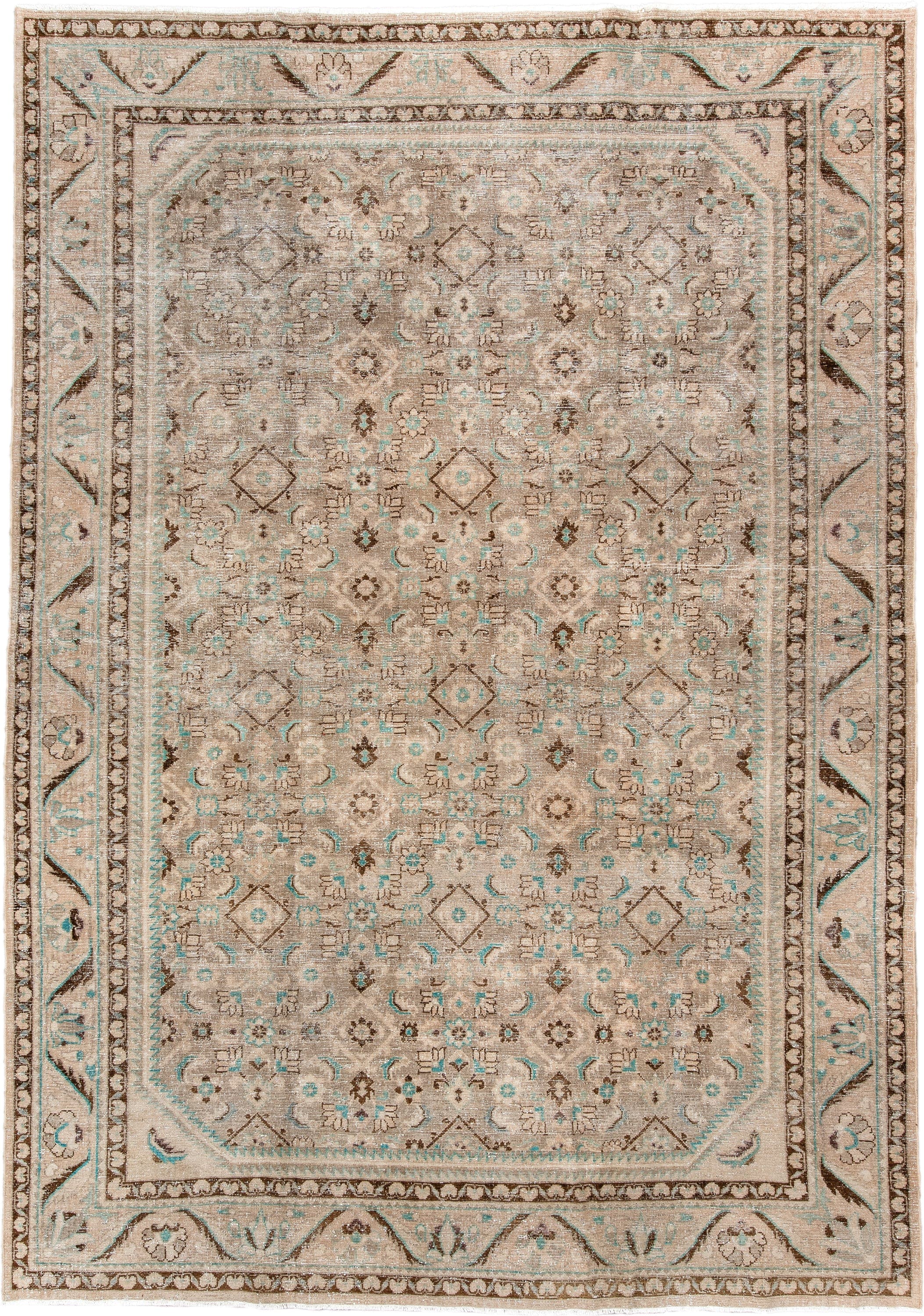 7' x 10' one-of-a-kind handmade vintage Hamadan large size rug. Color palette: taupe, ivory, brown, aqua, beige, gray, teal