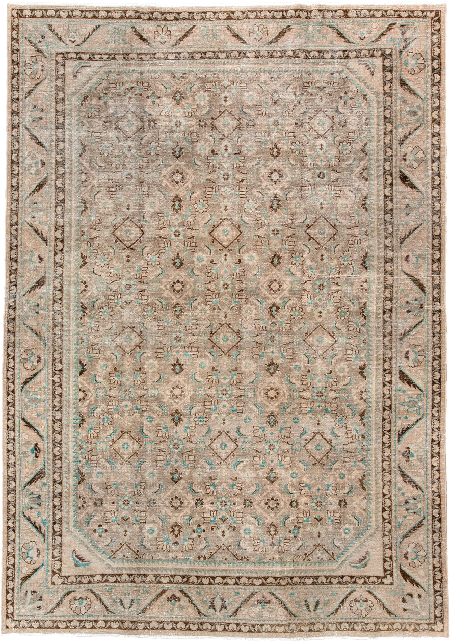 7' x 10' one-of-a-kind handmade vintage Hamadan large size rug. Color palette: taupe, ivory, brown, aqua, beige, gray, teal