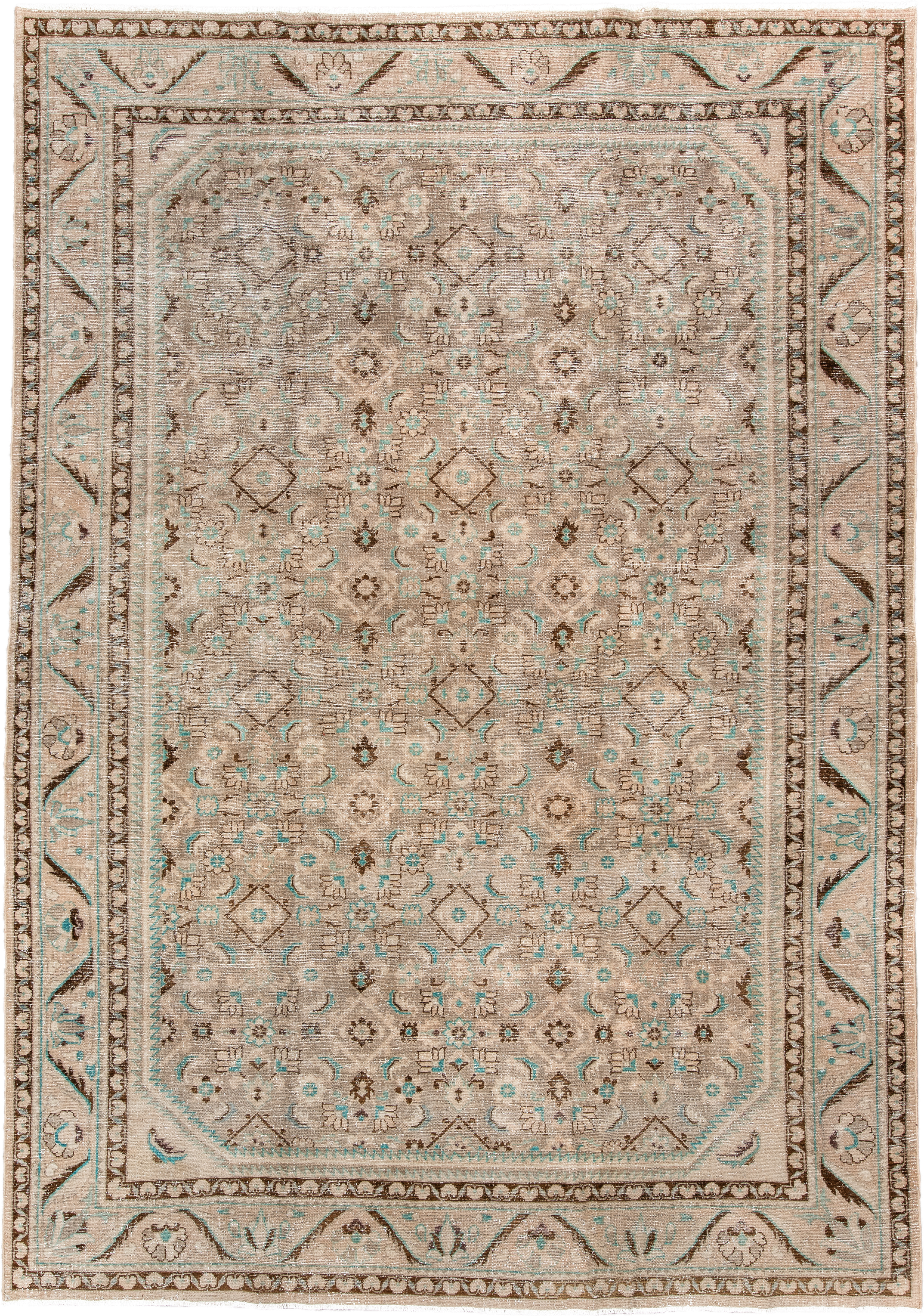 7' x 10' one-of-a-kind handmade vintage Hamadan large size rug. Color palette: taupe, ivory, brown, aqua, beige, gray, teal