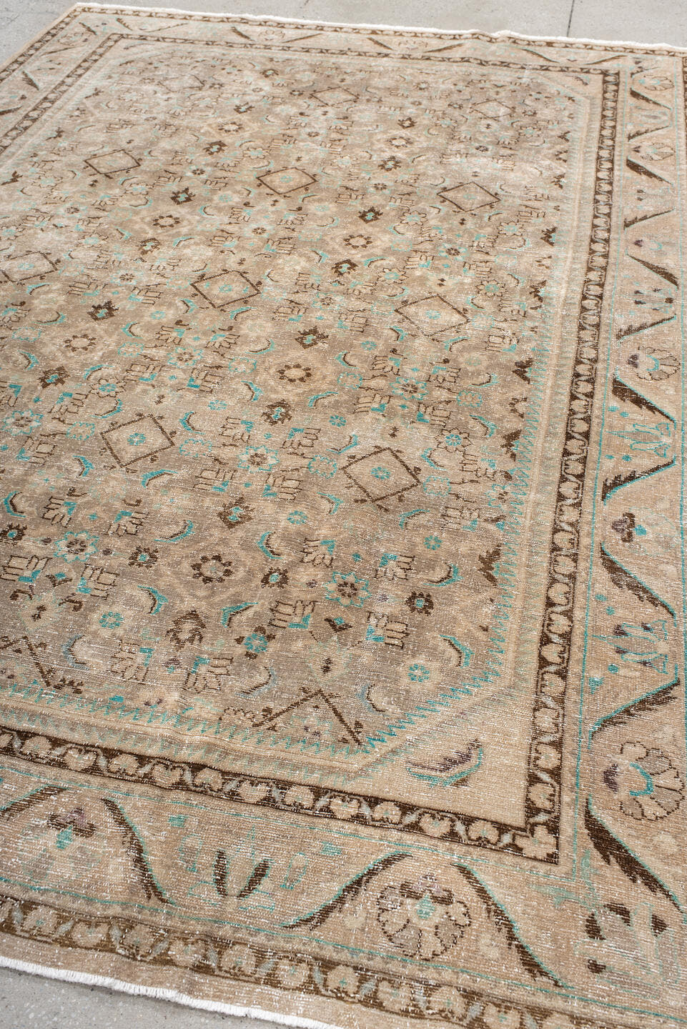7' x 10' one-of-a-kind handmade vintage Hamadan large size rug. Color palette: taupe, ivory, brown, aqua, beige, gray, teal