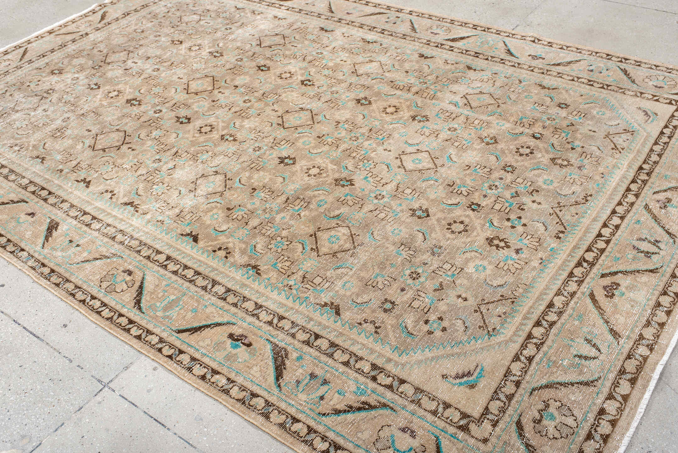 7' x 10' one-of-a-kind handmade vintage Hamadan large size rug. Color palette: taupe, ivory, brown, aqua, beige, gray, teal