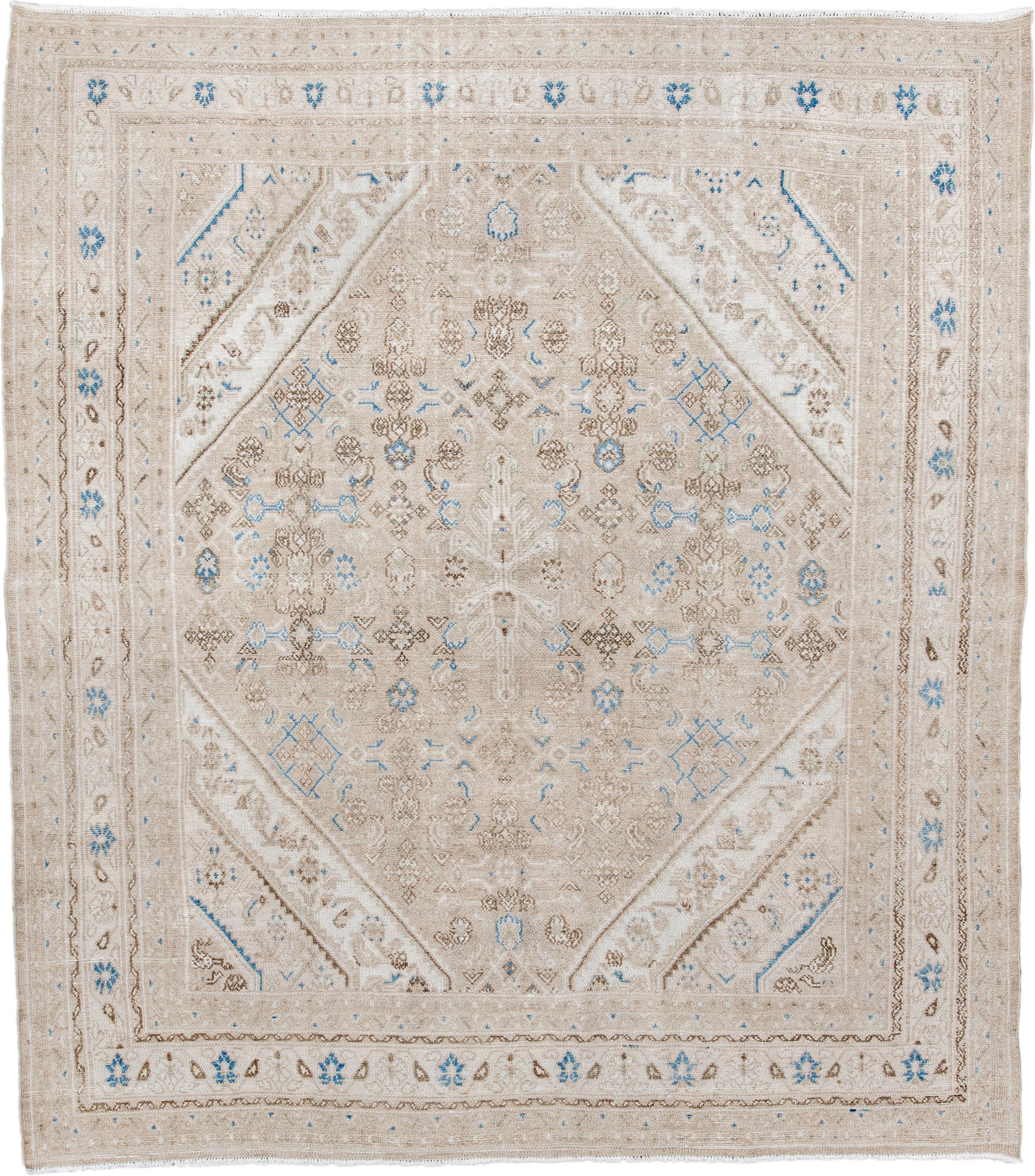 7' x 8' one-of-a-kind handmade antique Bibikabad rug. Color palette: ivory, taupe, sky blue, beige, camel, brown, gray