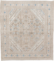 7' x 8' one-of-a-kind handmade antique Bibikabad rug. Color palette: ivory, taupe, sky blue, beige, camel, brown, gray