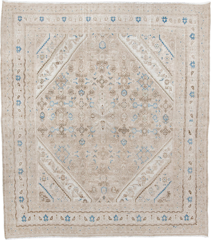 7' x 8' one-of-a-kind handmade antique Bibikabad rug. Color palette: ivory, taupe, sky blue, beige, camel, brown, gray