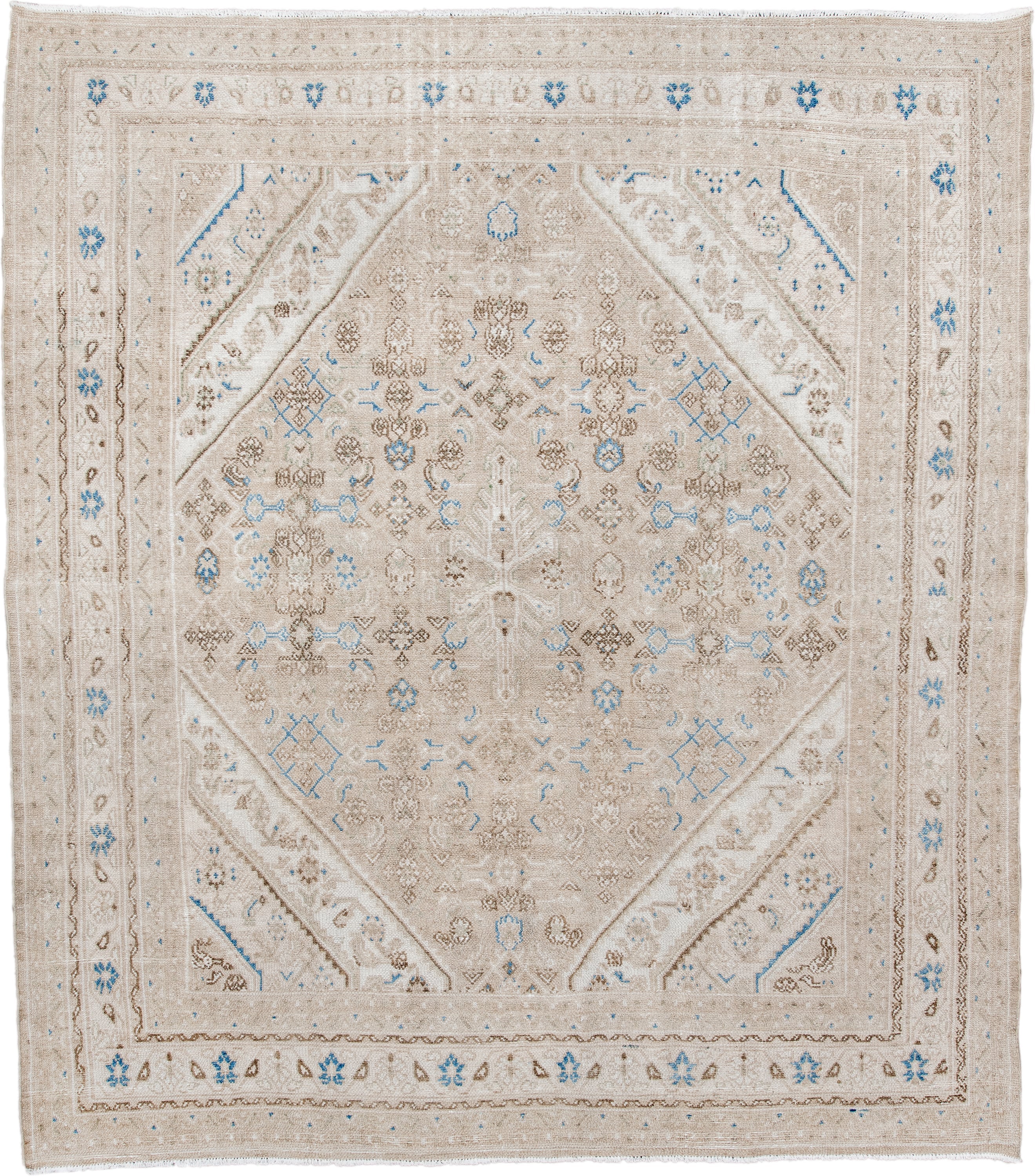7' x 8' one-of-a-kind handmade antique Bibikabad rug. Color palette: ivory, taupe, sky blue, beige, camel, brown, gray