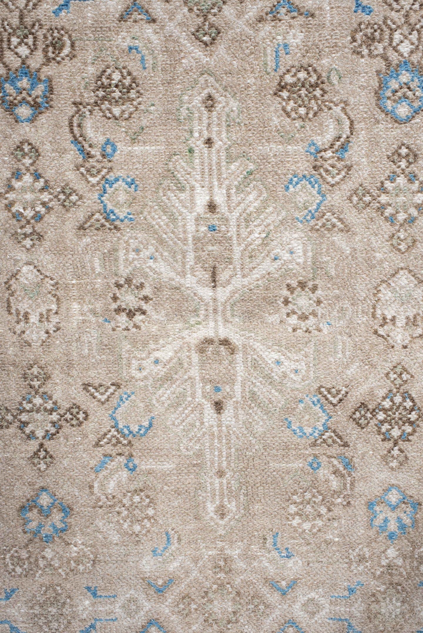 7' x 8' one-of-a-kind handmade antique Bibikabad rug. Color palette: ivory, taupe, sky blue, beige, camel, brown, gray
