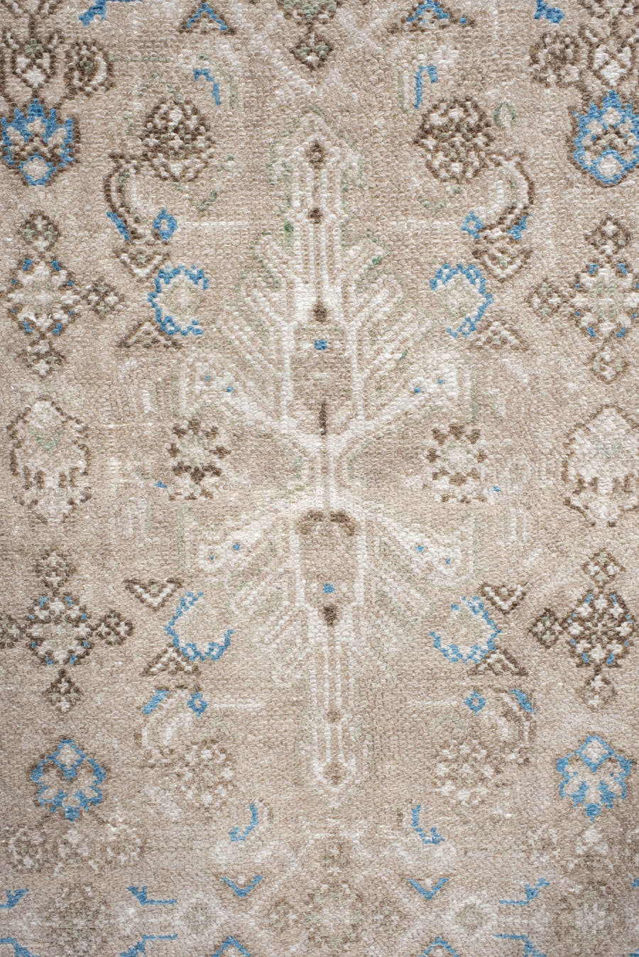 7' x 8' one-of-a-kind handmade antique Bibikabad rug. Color palette: ivory, taupe, sky blue, beige, camel, brown, gray