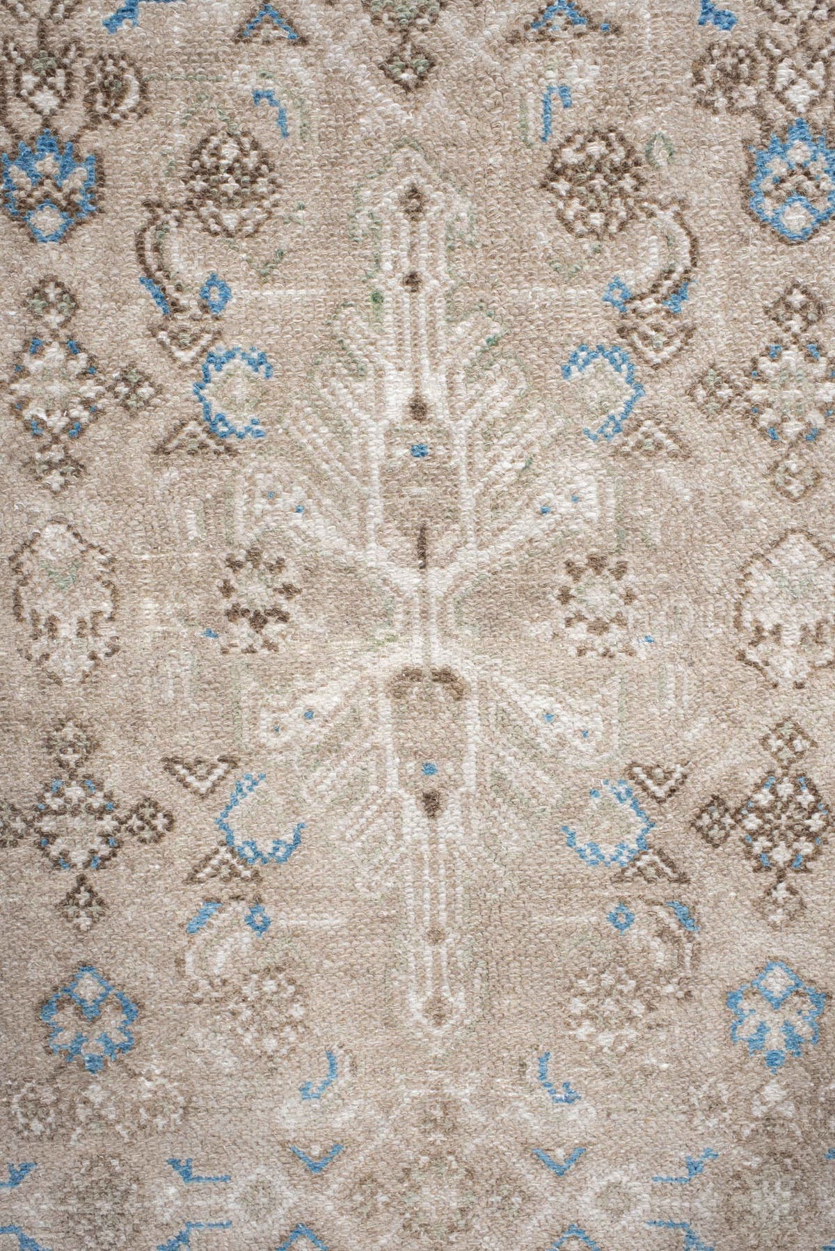 7' x 8' one-of-a-kind handmade antique Bibikabad rug. Color palette: ivory, taupe, sky blue, beige, camel, brown, gray