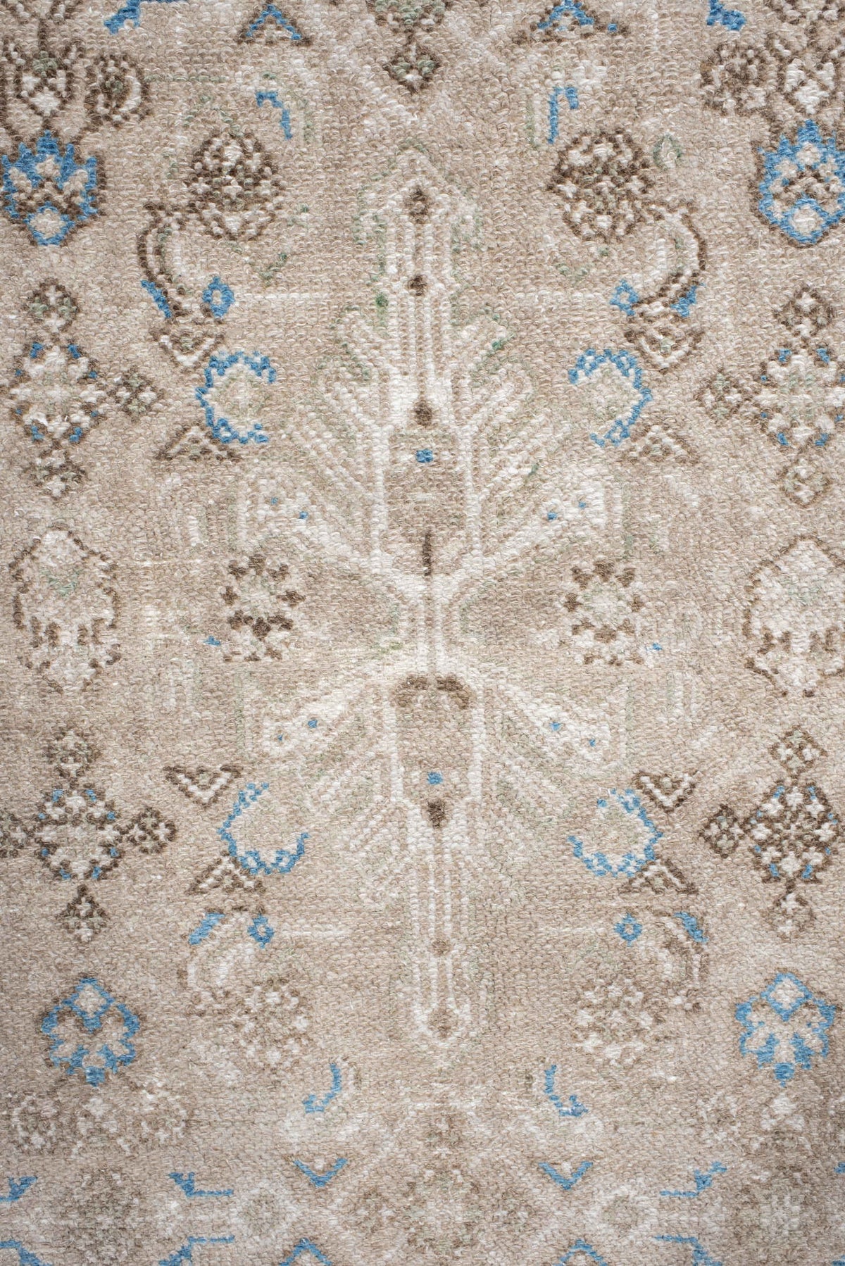 7' x 8' one-of-a-kind handmade antique Bibikabad rug. Color palette: ivory, taupe, sky blue, beige, camel, brown, gray