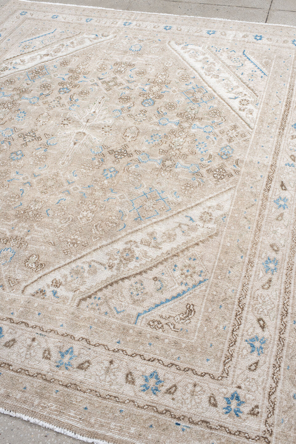 7' x 8' one-of-a-kind handmade antique Bibikabad rug. Color palette: ivory, taupe, sky blue, beige, camel, brown, gray