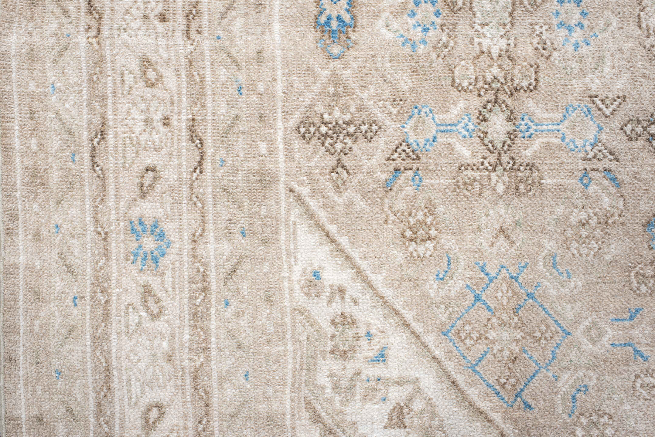 7' x 8' one-of-a-kind handmade antique Bibikabad rug. Color palette: ivory, taupe, sky blue, beige, camel, brown, gray