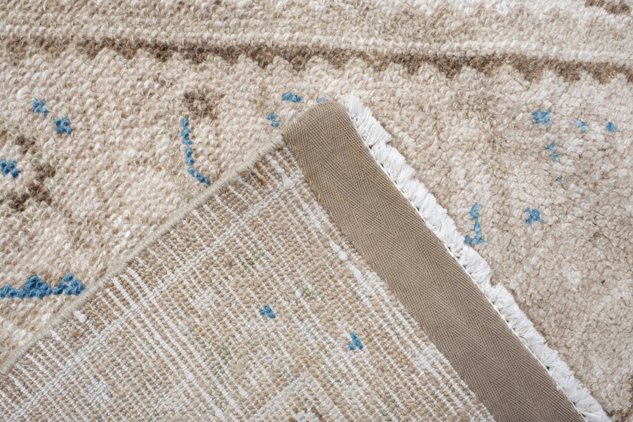 7' x 8' one-of-a-kind handmade antique Bibikabad rug. Color palette: ivory, taupe, sky blue, beige, camel, brown, gray