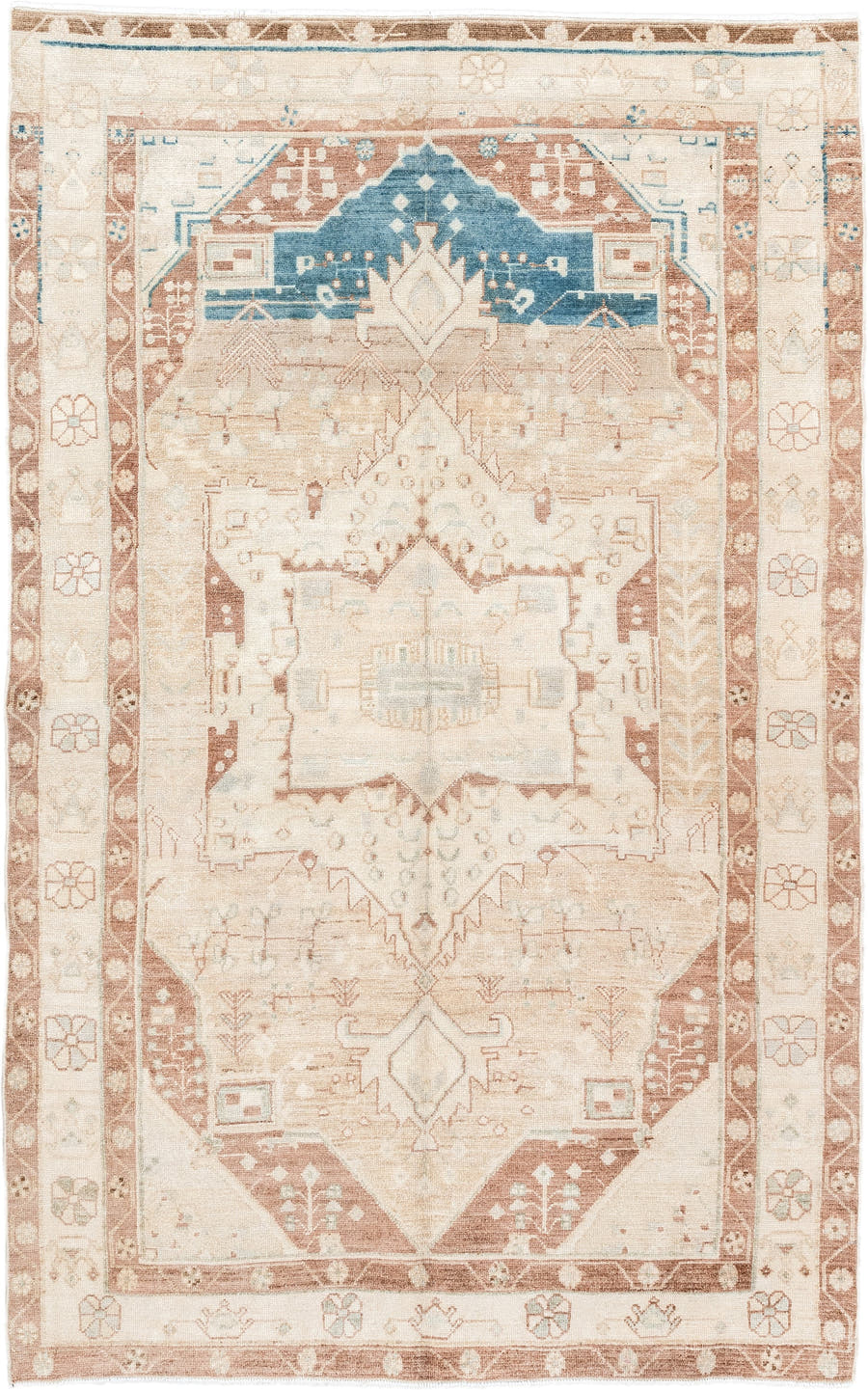 4' x 7' one-of-a-kind handmade antique Malayer medium size rug. Color palette: ivory, rose, sky blue, taupe, camel, tan
