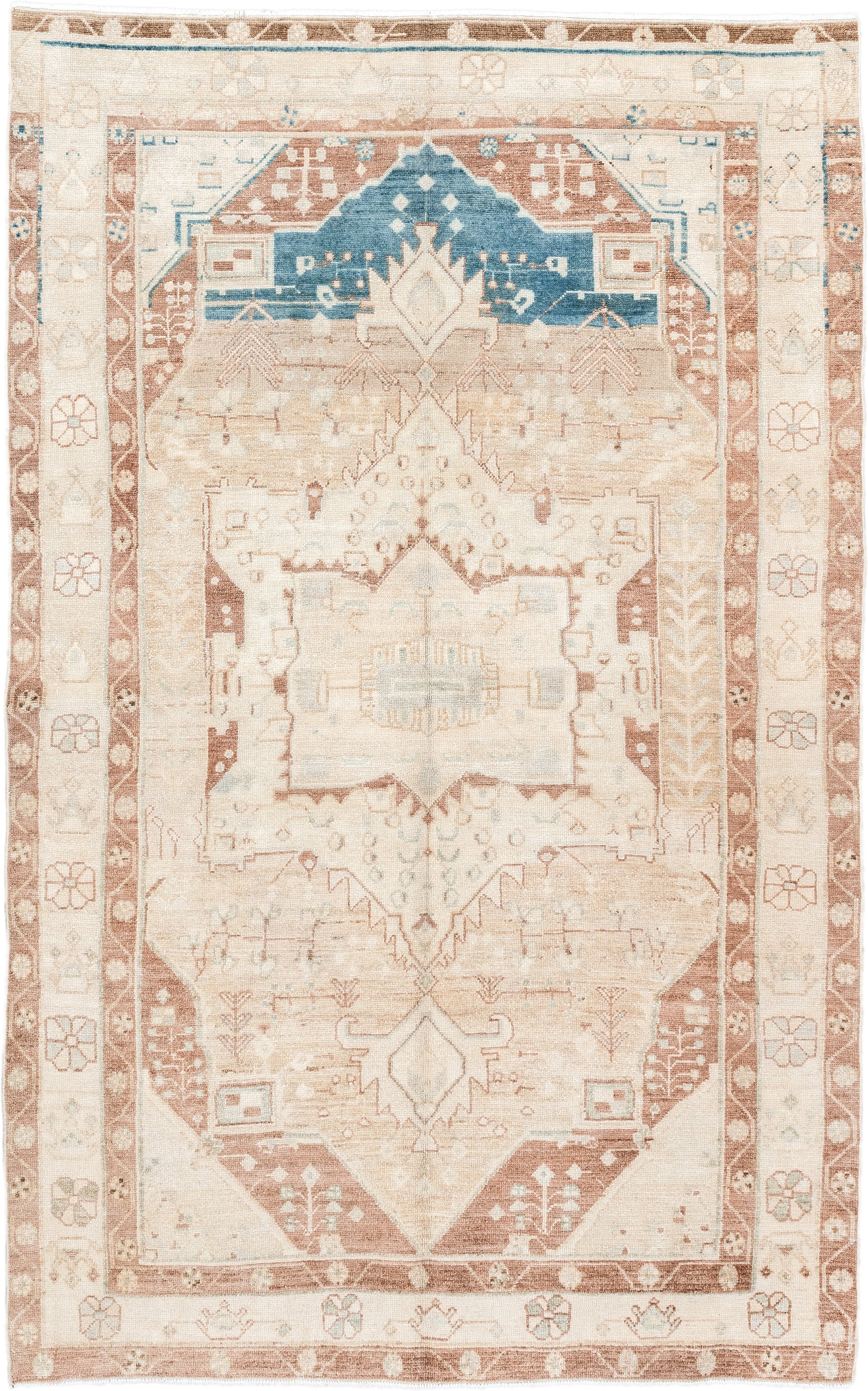 4' x 7' one-of-a-kind handmade antique Malayer medium size rug. Color palette: ivory, rose, sky blue, taupe, camel, tan