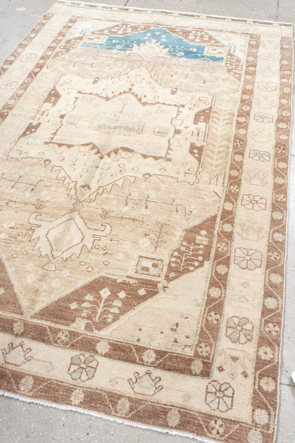4' x 7' one-of-a-kind handmade antique Malayer medium size rug. Color palette: ivory, rose, sky blue, taupe, camel, tan