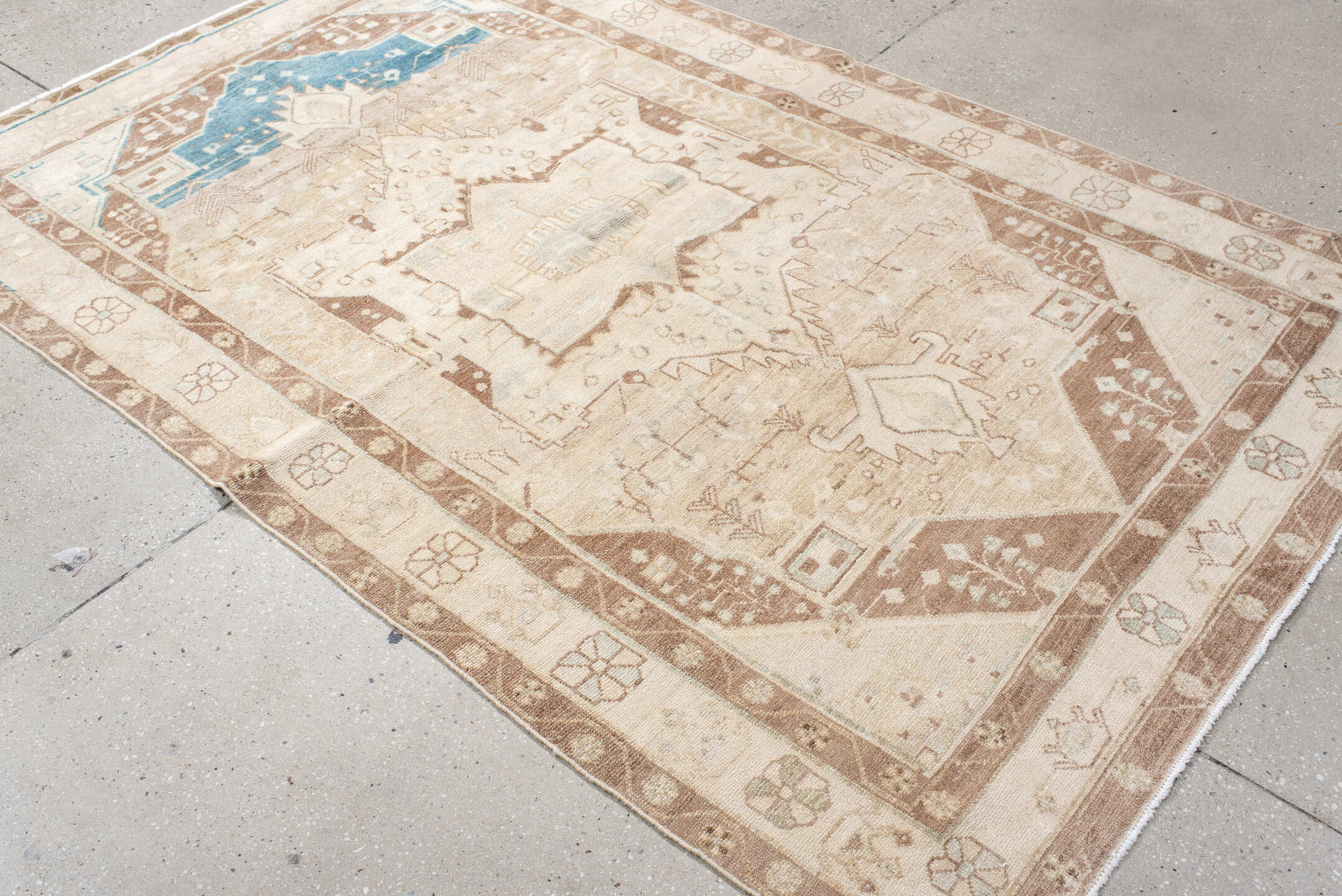 4' x 7' one-of-a-kind handmade antique Malayer medium size rug. Color palette: ivory, rose, sky blue, taupe, camel, tan