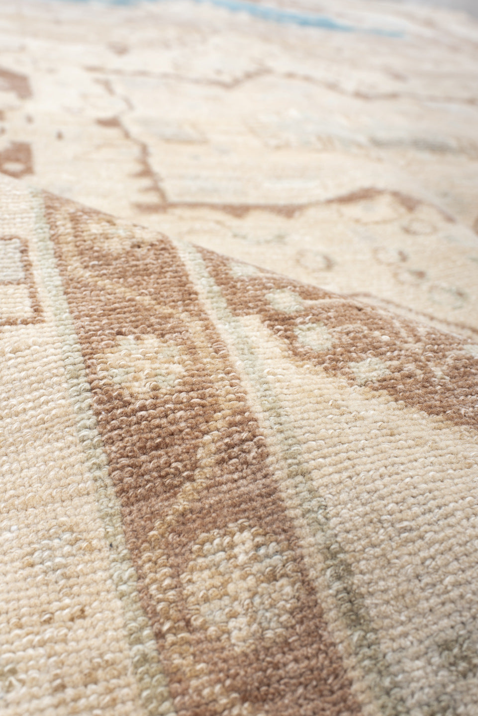 4' x 7' one-of-a-kind handmade antique Malayer medium size rug. Color palette: ivory, rose, sky blue, taupe, camel, tan
