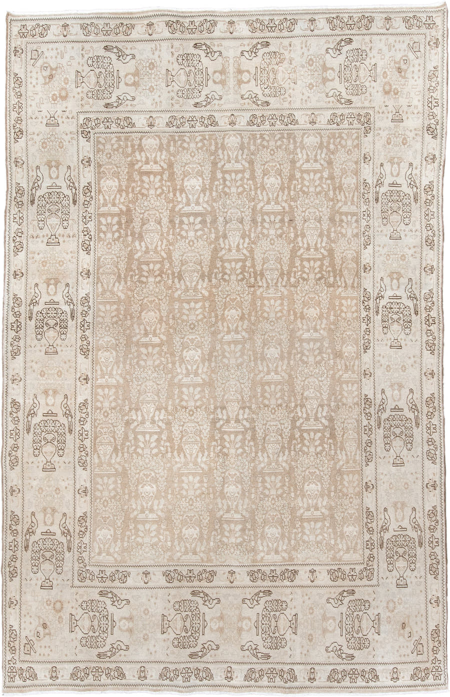6' x 9' one-of-a-kind handmade antique Tabriz medium size rug. Color palette: ivory, beige, taupe, camel, brown, gray