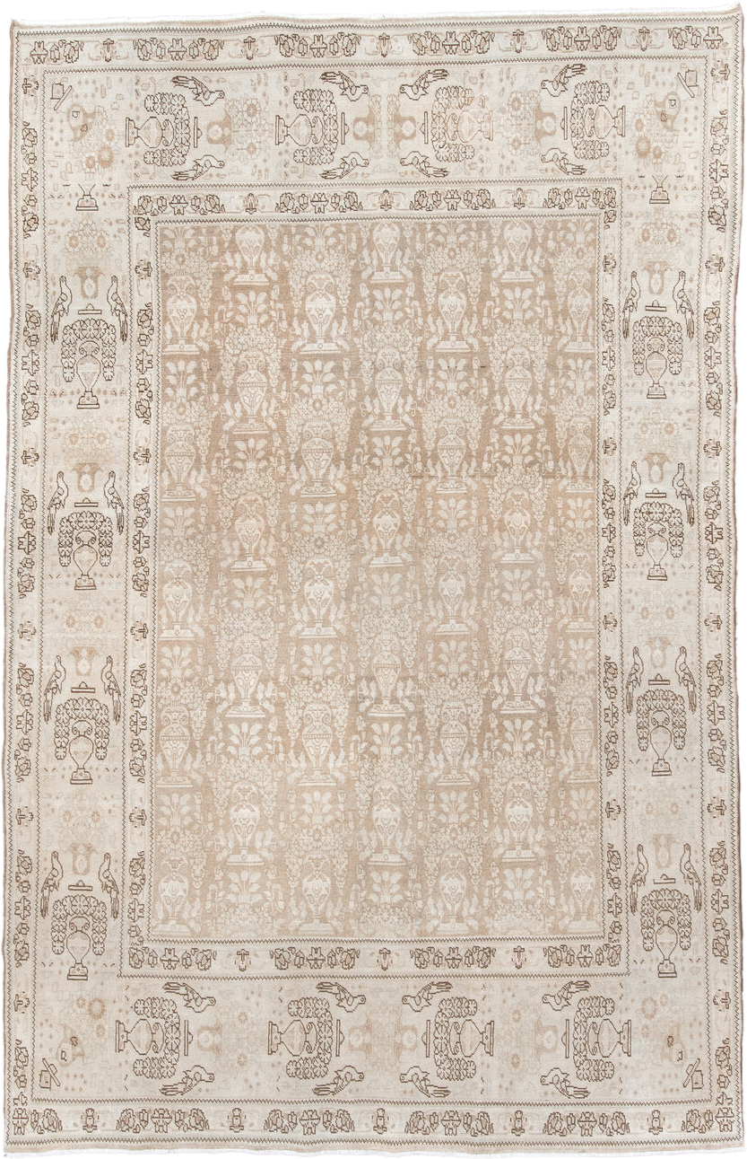 6' x 9' one-of-a-kind handmade antique Tabriz medium size rug. Color palette: ivory, beige, taupe, camel, brown, gray