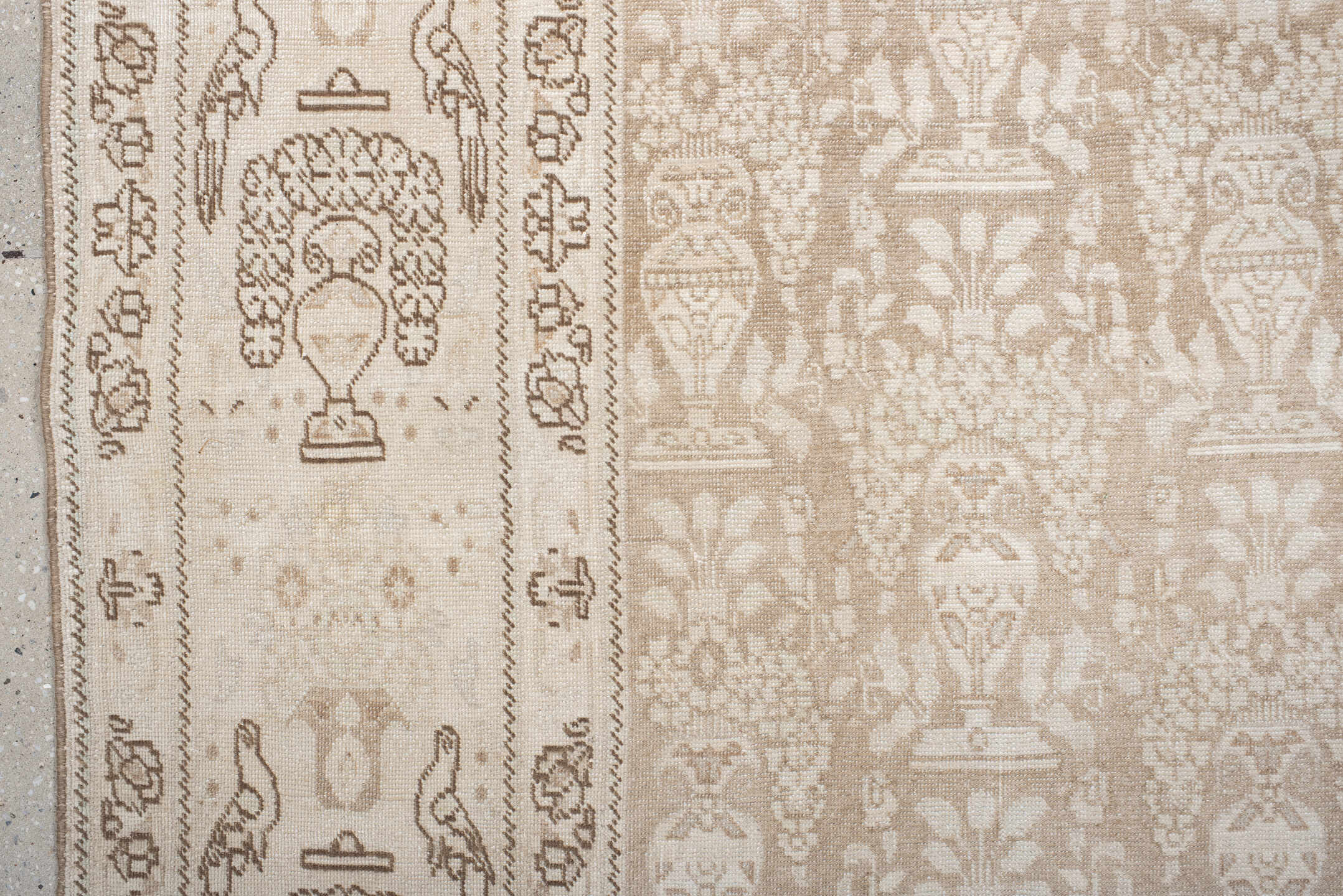 6' x 9' one-of-a-kind handmade antique Tabriz medium size rug. Color palette: ivory, beige, taupe, camel, brown, gray