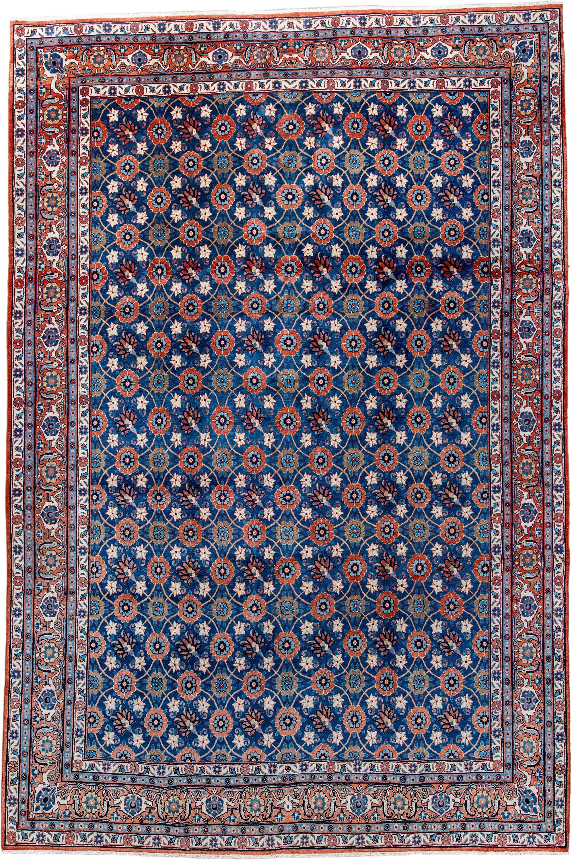 7' x 11' one-of-a-kind handmade antique Varamin large size rug. Color palette: blue, ivory, rust, navy, coral, teal