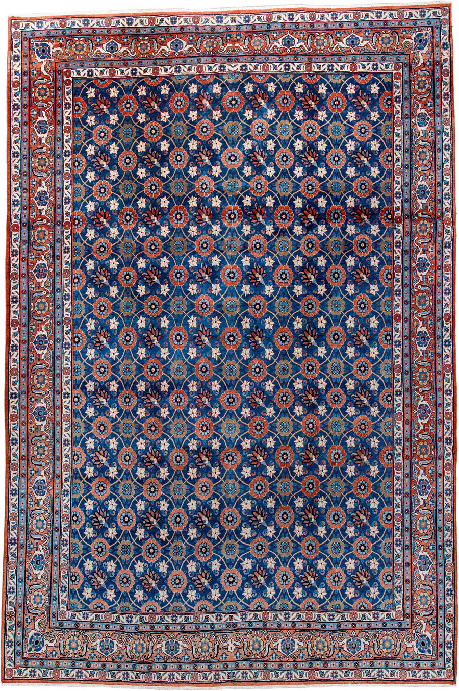 7' x 11' one-of-a-kind handmade antique Varamin large size rug. Color palette: blue, ivory, rust, navy, coral, teal