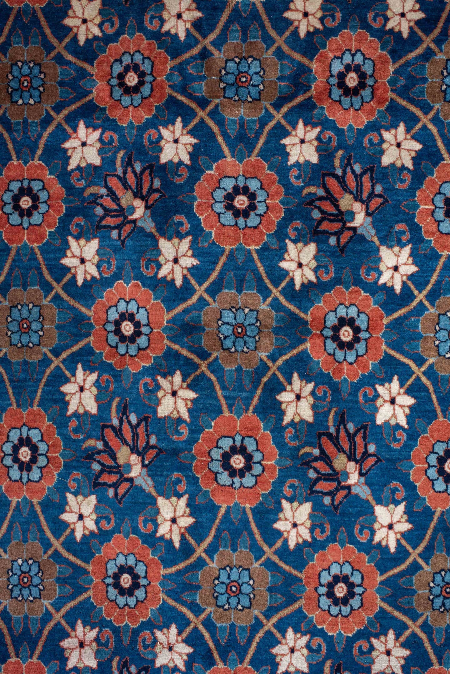 7' x 11' one-of-a-kind handmade antique Varamin large size rug. Color palette: blue, ivory, rust, navy, coral, teal