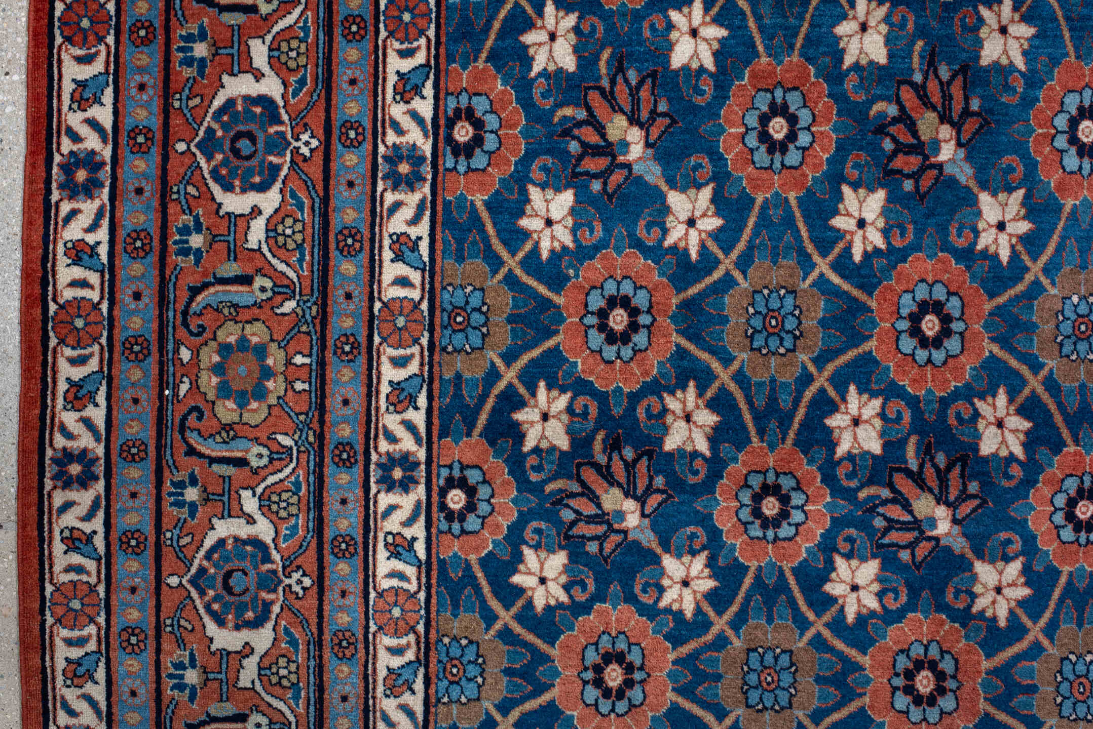 7' x 11' one-of-a-kind handmade antique Varamin large size rug. Color palette: blue, ivory, rust, navy, coral, teal