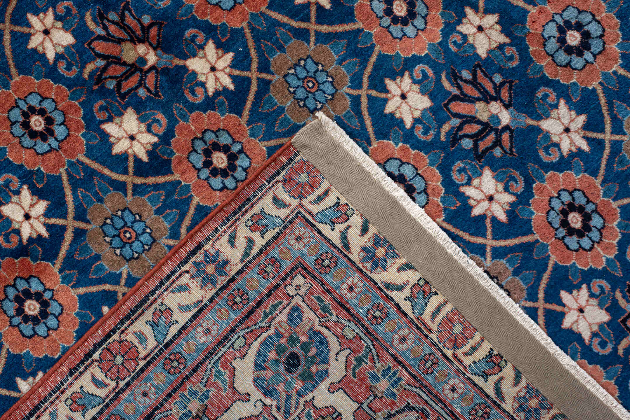 7' x 11' one-of-a-kind handmade antique Varamin large size rug. Color palette: blue, ivory, rust, navy, coral, teal