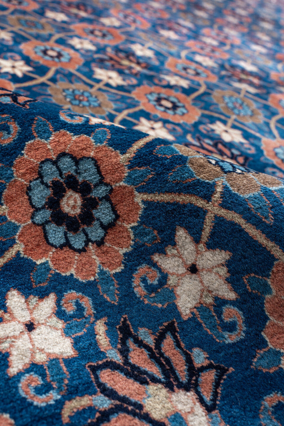 7' x 11' one-of-a-kind handmade antique Varamin large size rug. Color palette: blue, ivory, rust, navy, coral, teal