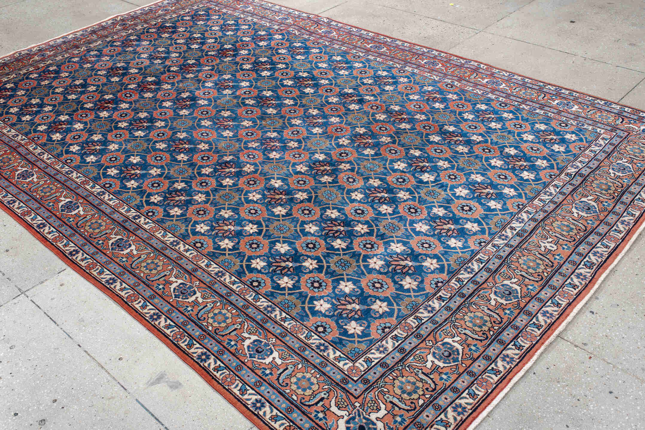 7' x 11' one-of-a-kind handmade antique Varamin large size rug. Color palette: blue, ivory, rust, navy, coral, teal