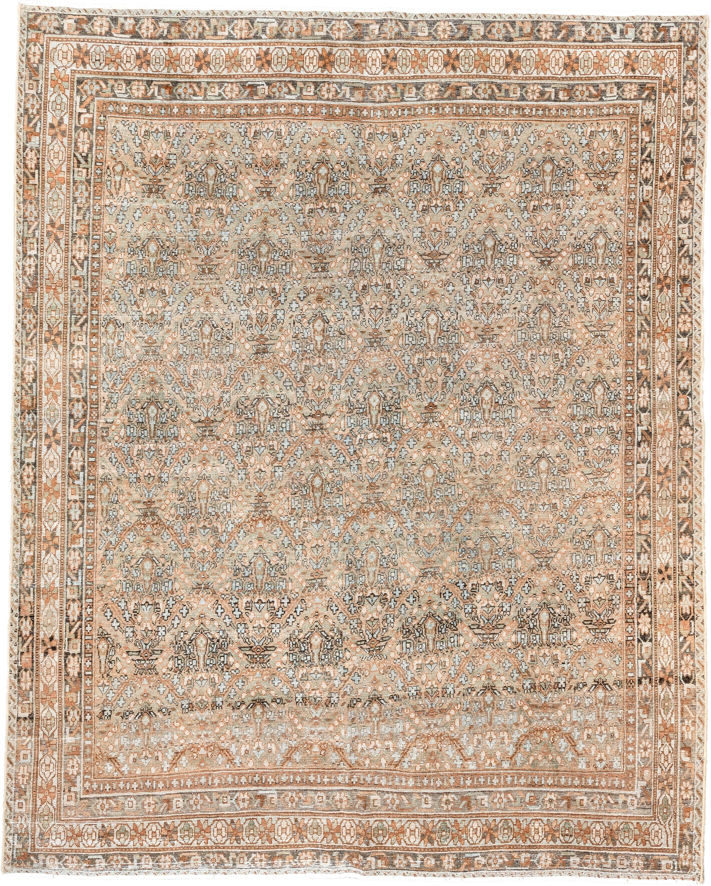 5' x 6' one-of-a-kind handmade antique Afshar rug. Color palette: camel, ivory, rust, taupe, slate, brown, beige, terracotta