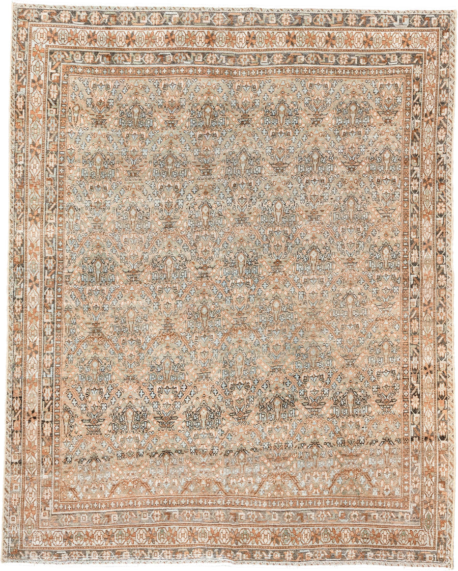 5' x 6' one-of-a-kind handmade antique Afshar rug. Color palette: camel, ivory, rust, taupe, slate, brown, beige, terracotta