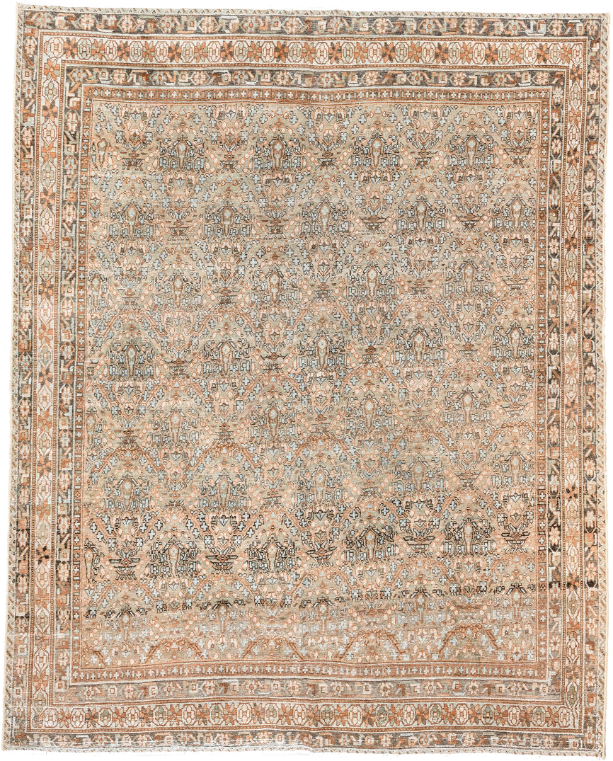5' x 6' one-of-a-kind handmade antique Afshar rug. Color palette: camel, ivory, rust, taupe, slate, brown, beige, terracotta