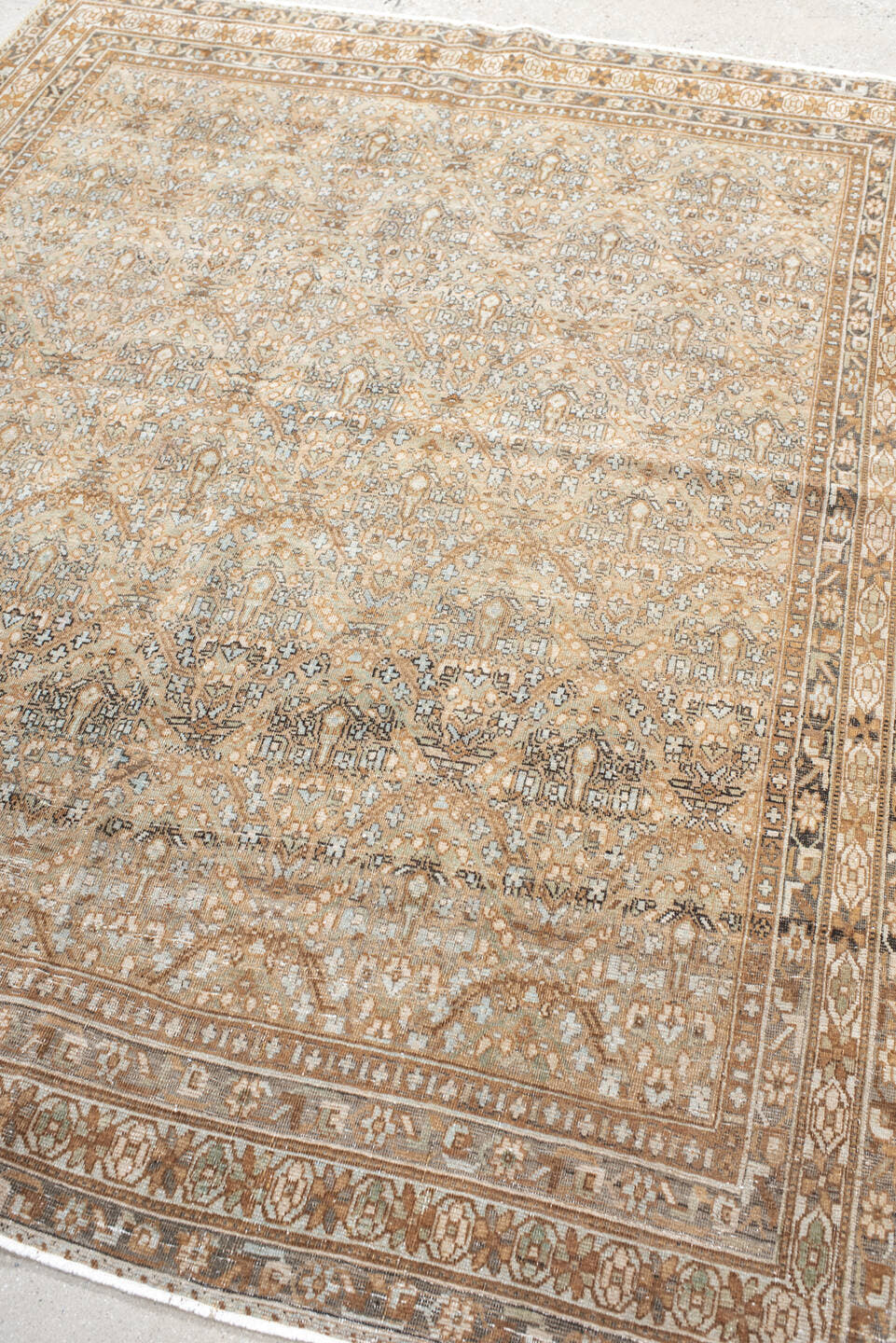 5' x 6' one-of-a-kind handmade antique Afshar rug. Color palette: camel, ivory, rust, taupe, slate, brown, beige, terracotta