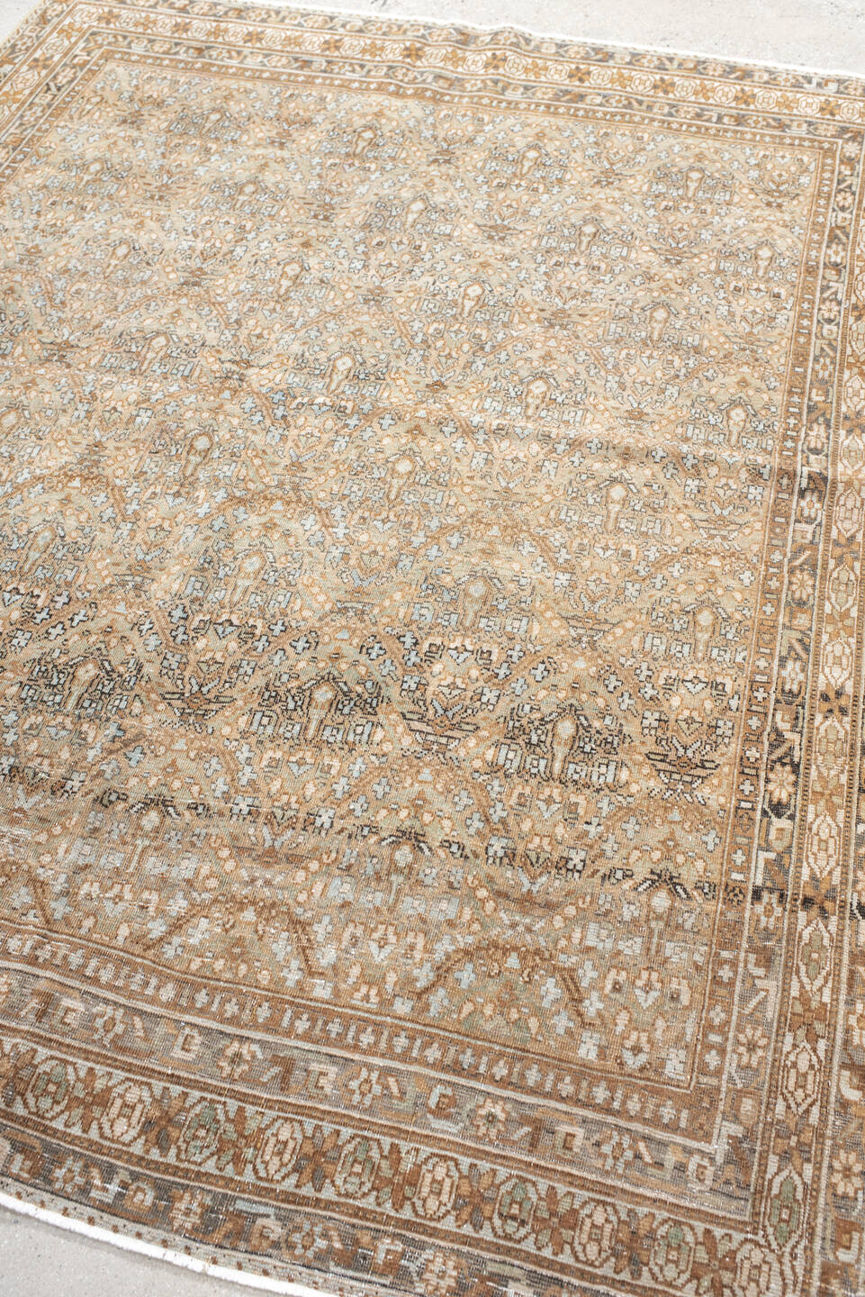 5' x 6' one-of-a-kind handmade antique Afshar rug. Color palette: camel, ivory, rust, taupe, slate, brown, beige, terracotta