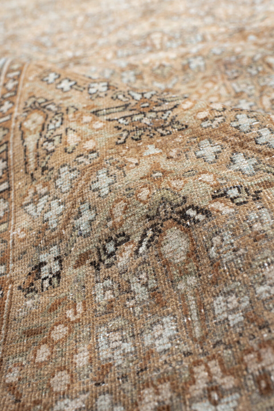 5' x 6' one-of-a-kind handmade antique Afshar rug. Color palette: camel, ivory, rust, taupe, slate, brown, beige, terracotta
