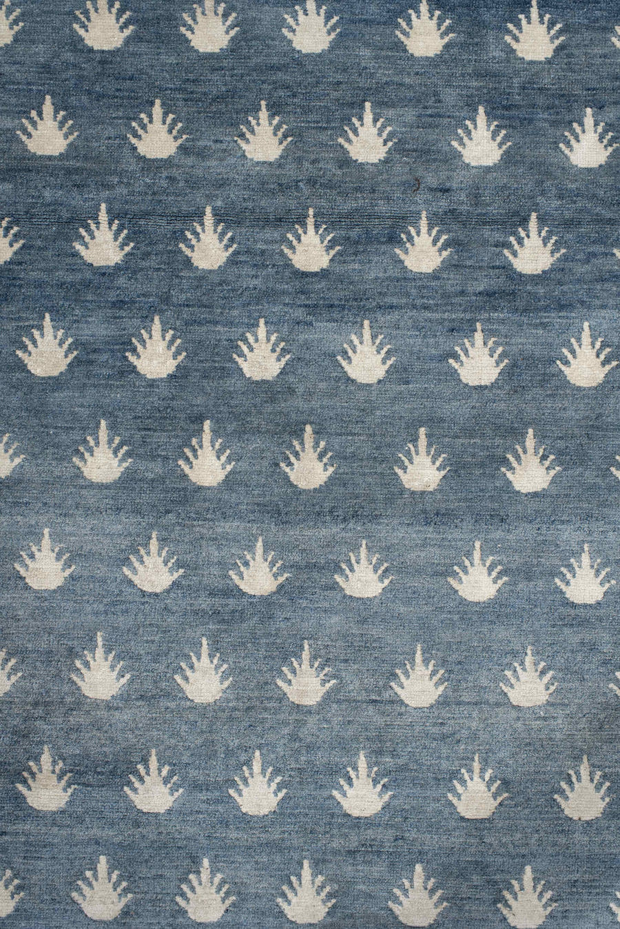 7' x 9' one-of-a-kind handmade vintage Tibetan rug. Color palette: blue, ivory, cream, taupe, gray, beige